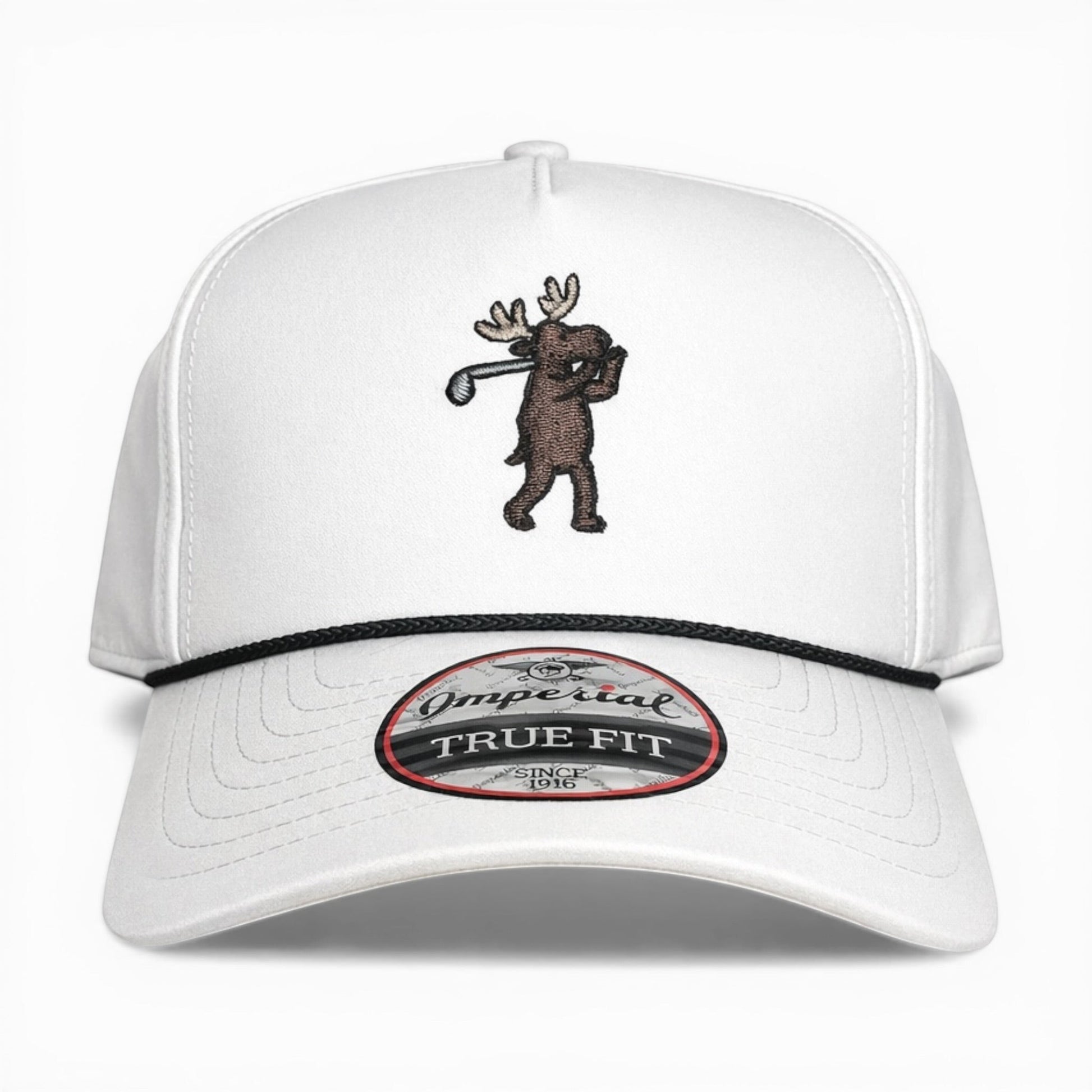 Mad Capper white golf cap with a brown embroidered moose swinging a golf club. Features a black rope detail.