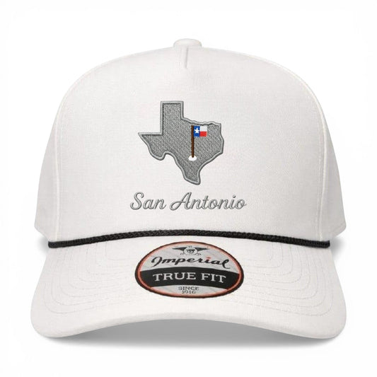 Mad Capper white structured rope trucker hat with San Antonio embroidery and Texas flag detail. Adjustable snapback.
