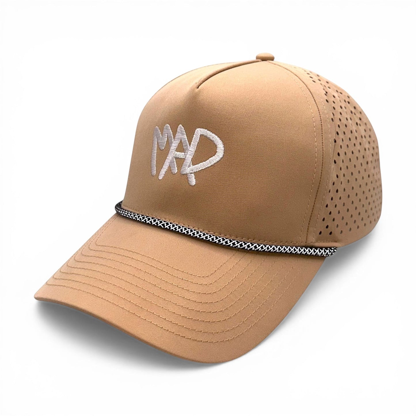 Mad Capper tan athletic cap with white embroidered 'MAD' logo, rope accent, and perforated mesh back panels.