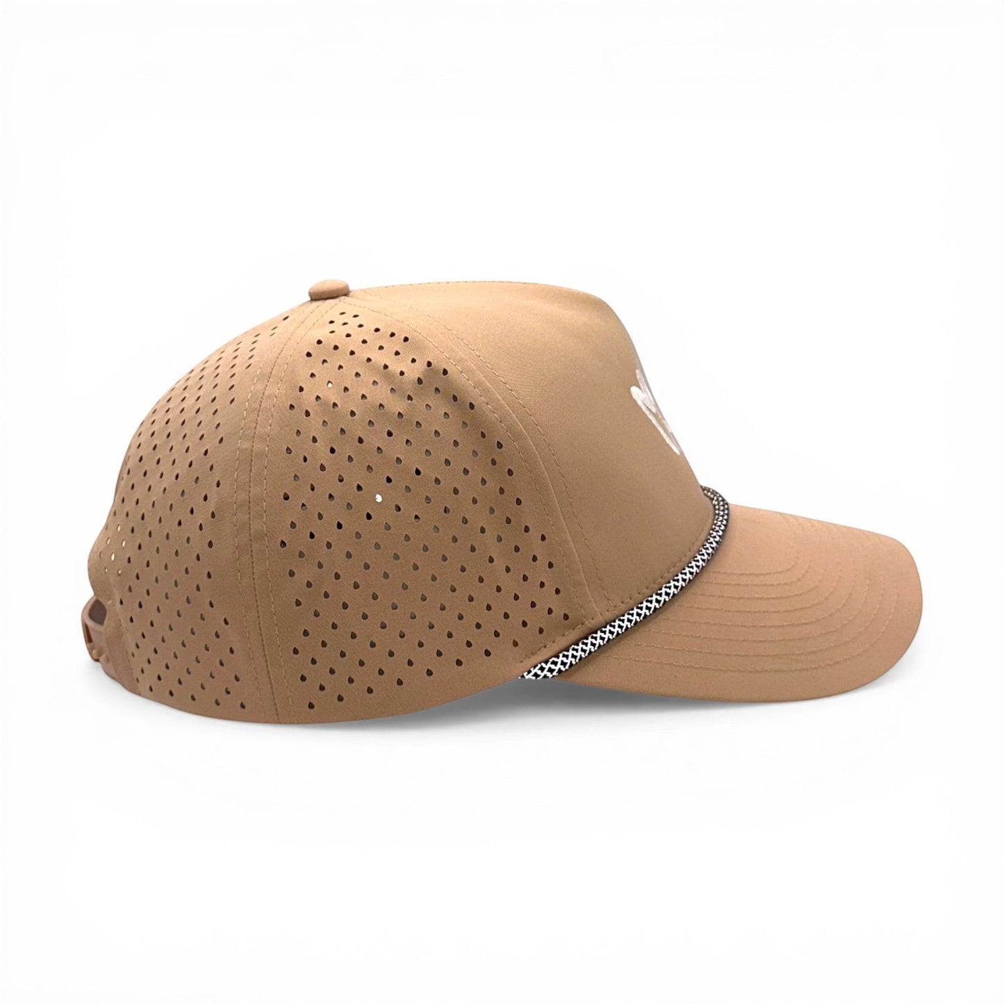 Mad Capper tan athletic cap with perforated mesh back and rope accent across the brim. Adjustable snapback closure.