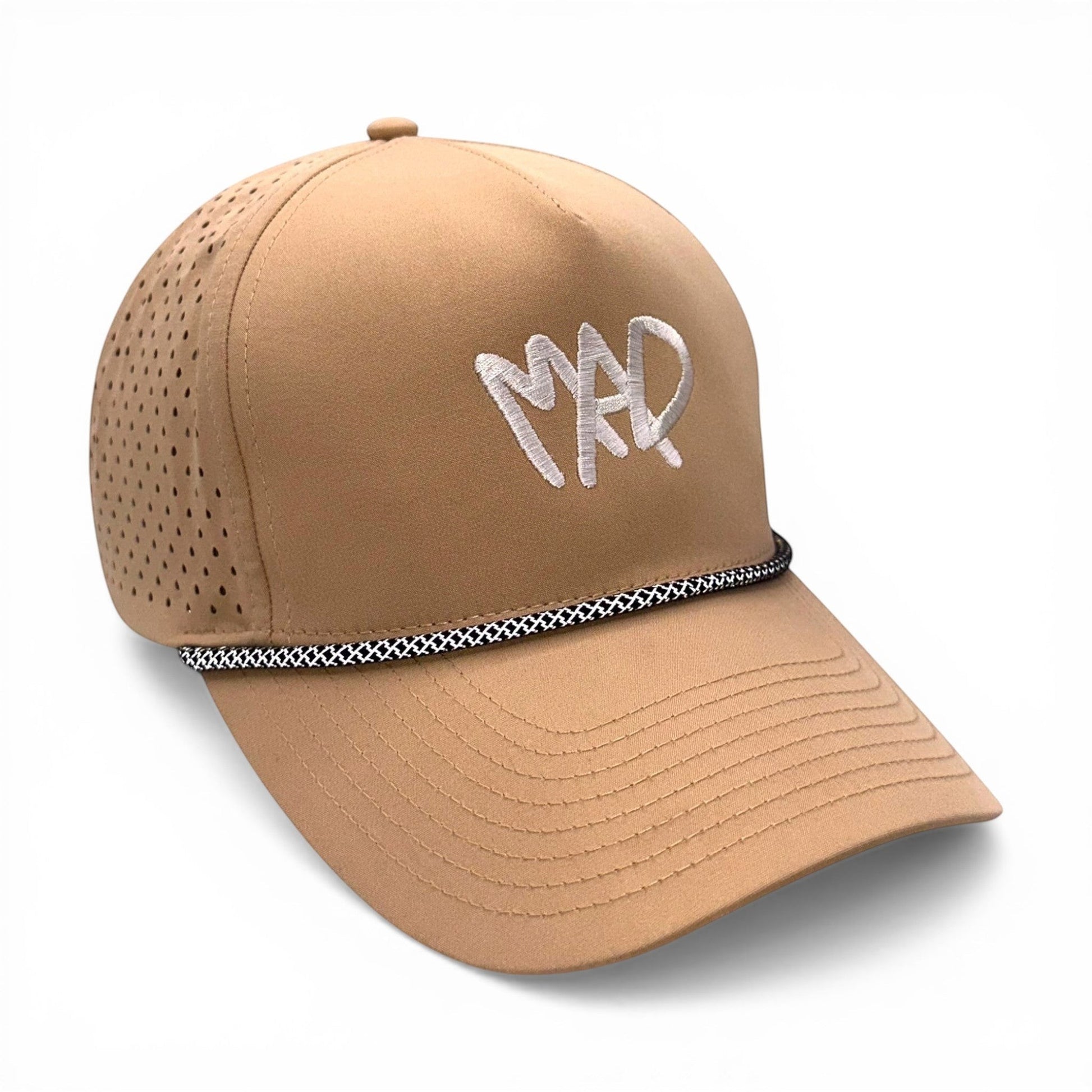 Mad Capper tan athletic cap with embroidered MAD logo, rope accent, and perforated mesh back panels. Adjustable snapback.