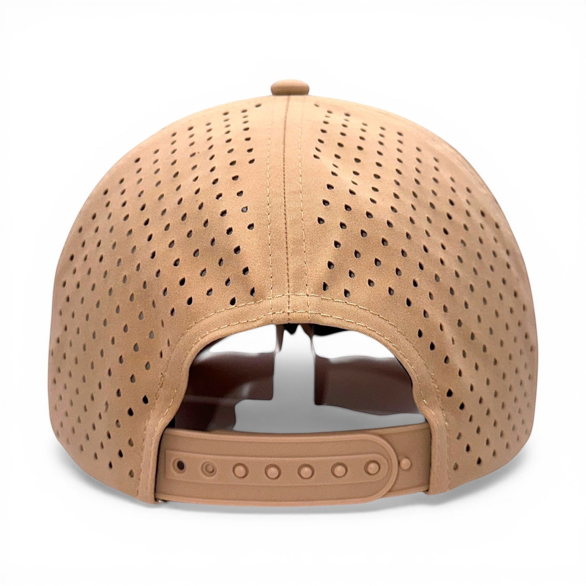 Mad Capper tan athletic cap with perforated panels and adjustable snapback closure.