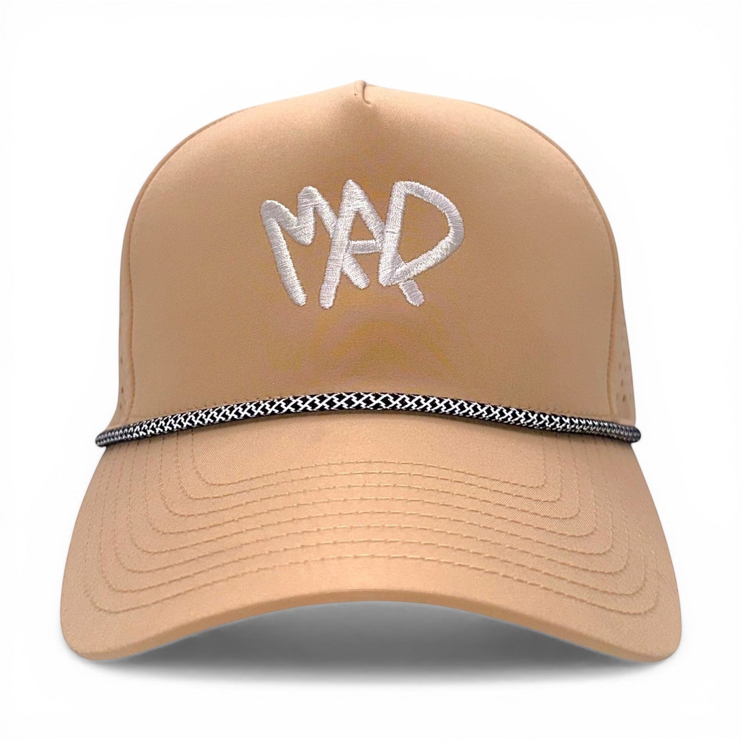 Mad Capper tan athletic cap with white embroidered 'MAD' logo and black and white rope accent.