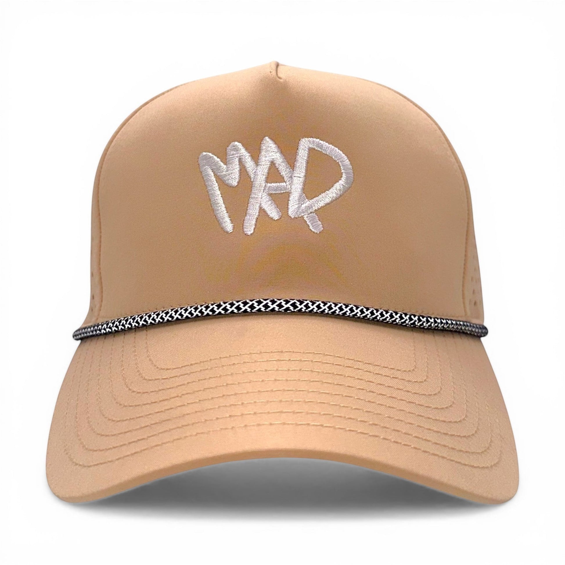 Mad Capper tan athletic cap with white embroidered 'MAD' logo and black and white rope accent.