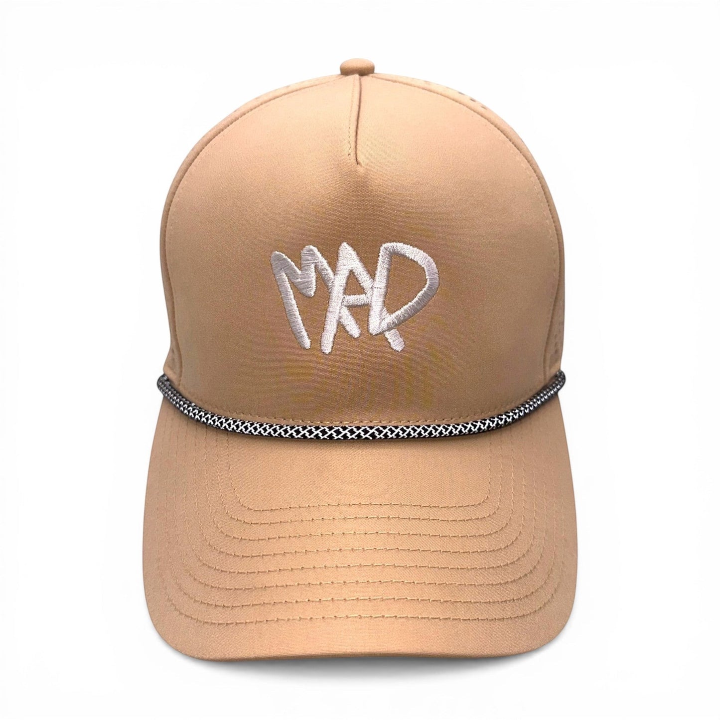 Mad Capper tan athletic cap with embroidered MAD logo and black and white rope accent. Adjustable snapback.