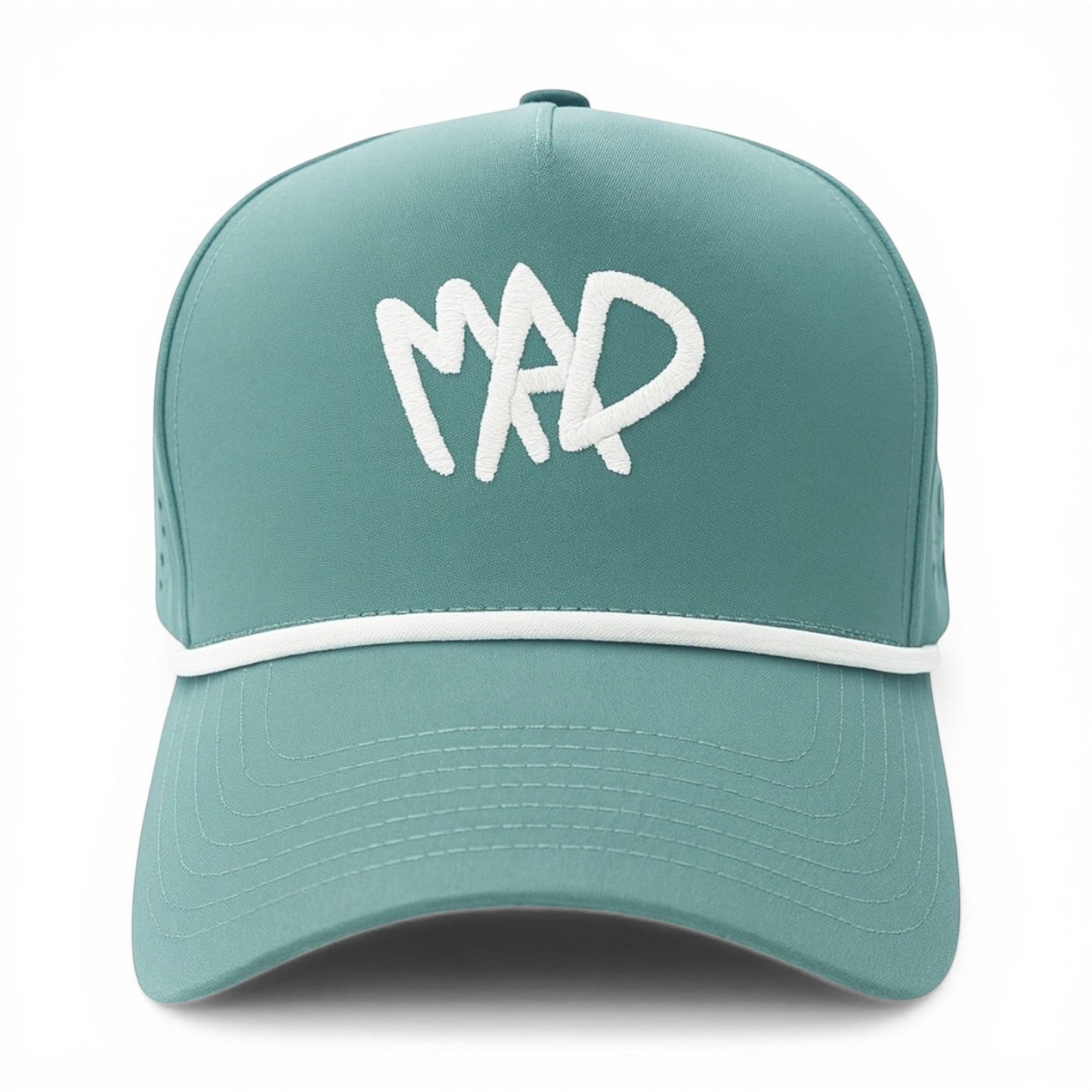 Mad Capper teal athletic cap with white embroidered logo and white rope accent. Features mesh back and snapback closure.