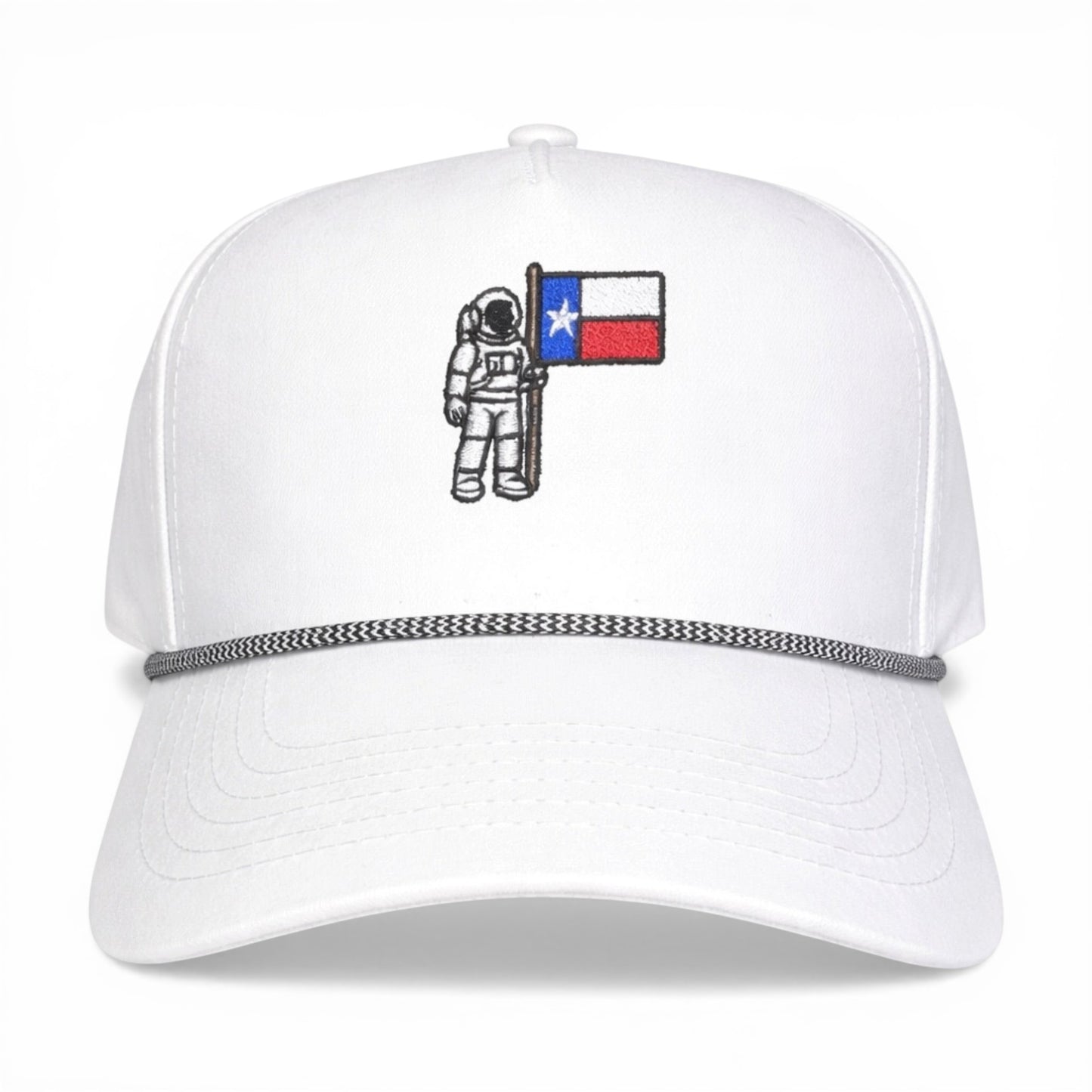 Mad Capper white rope cap with astronaut holding Texas flag embroidery and adjustable snapback.