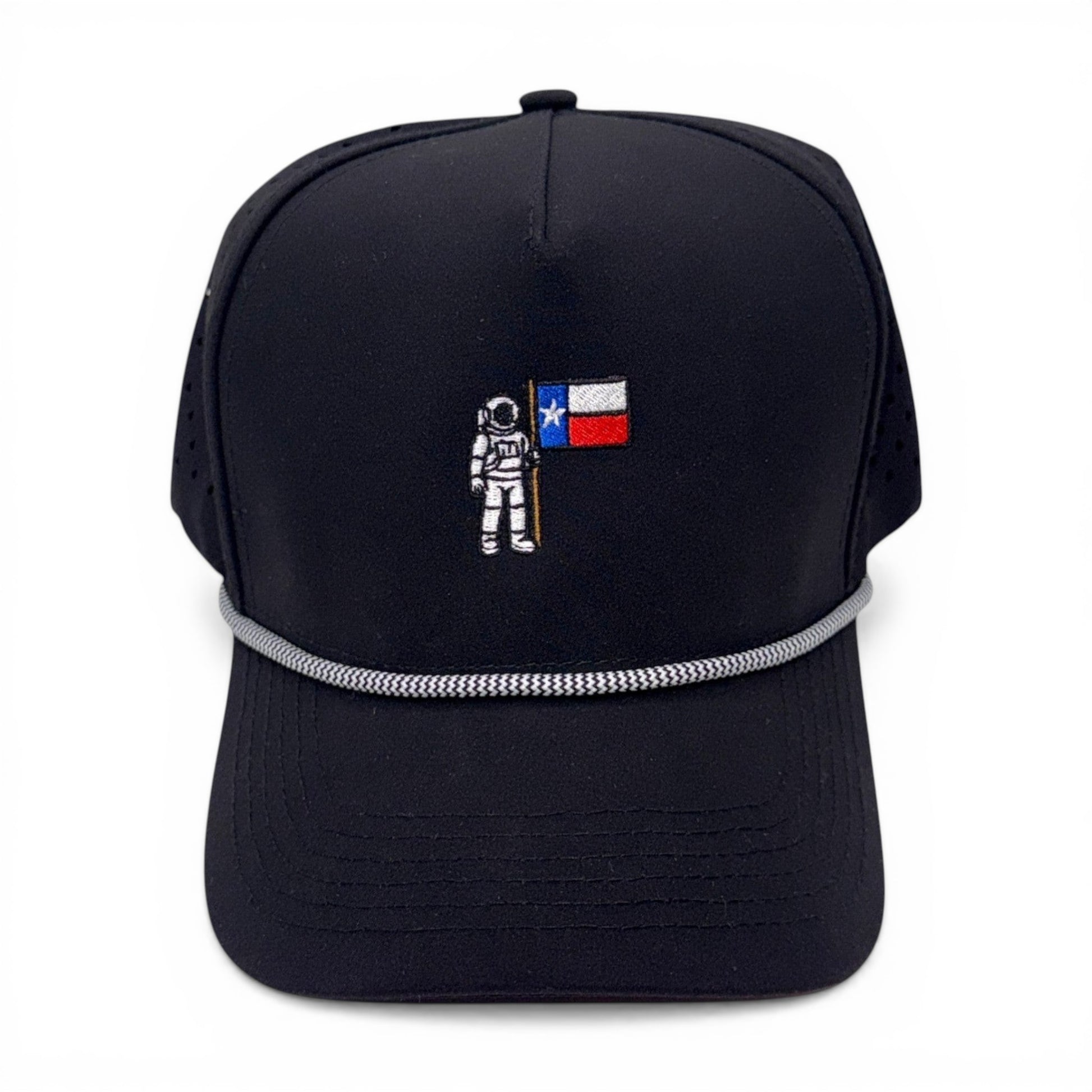 Mad Capper black rope cap with astronaut holding Texas flag embroidery and adjustable snapback.