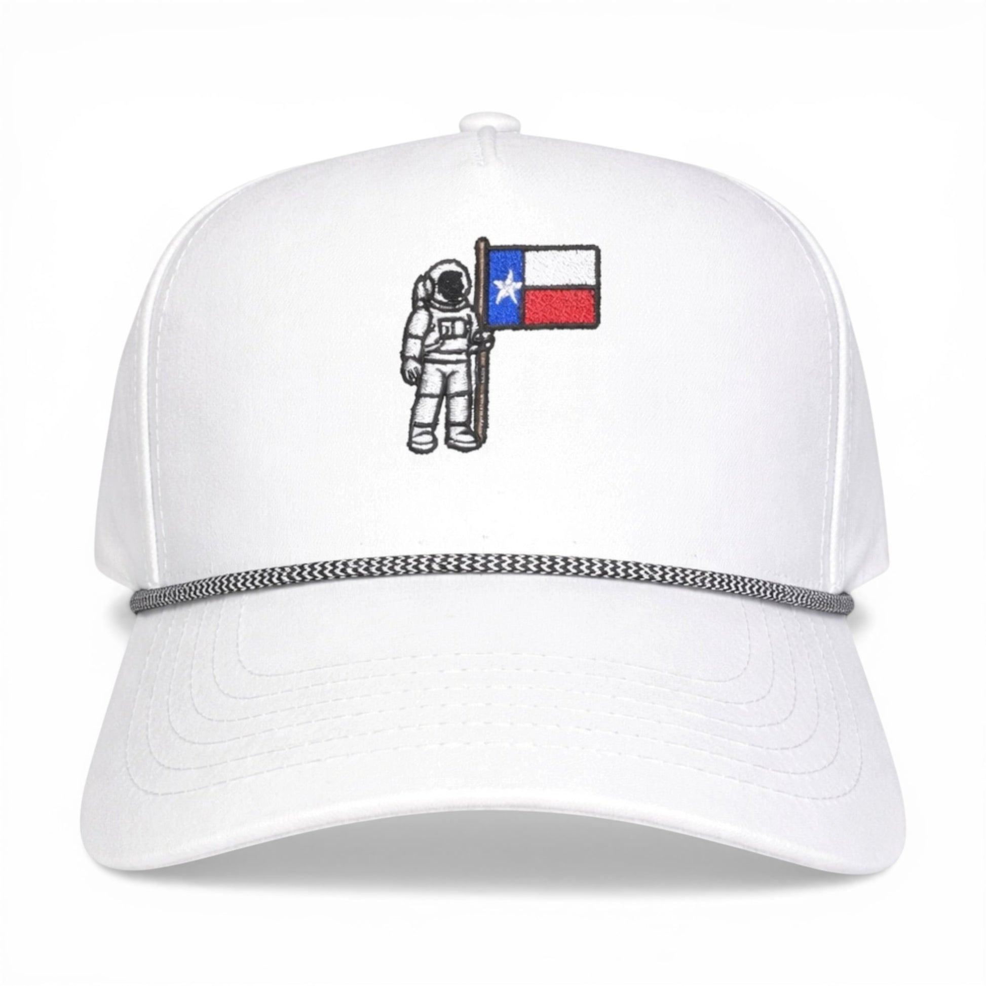 Mad Capper white rope cap with astronaut holding Texas flag embroidery, adjustable snapback.