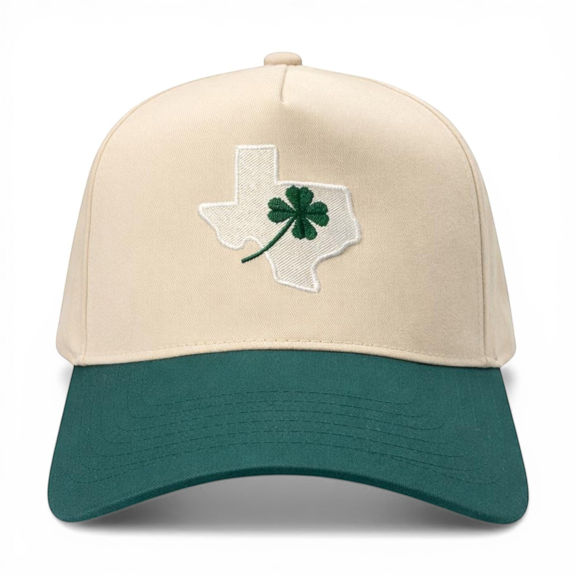 Mad Capper cream and green two-tone baseball cap with embroidered Texas outline and lucky clover design.