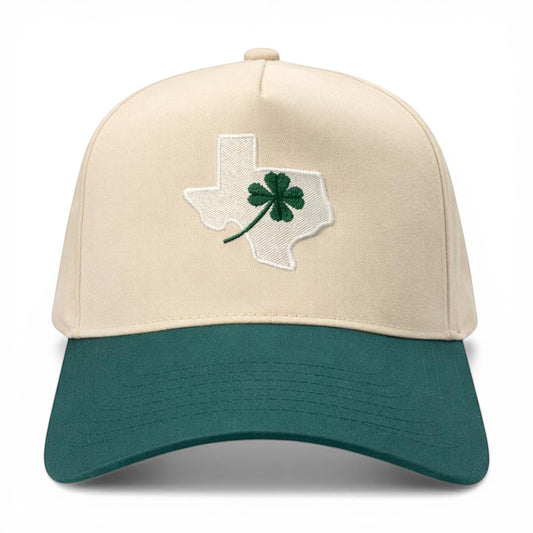 Mad Capper cream and green two-tone baseball cap with embroidered Texas outline and lucky clover design.