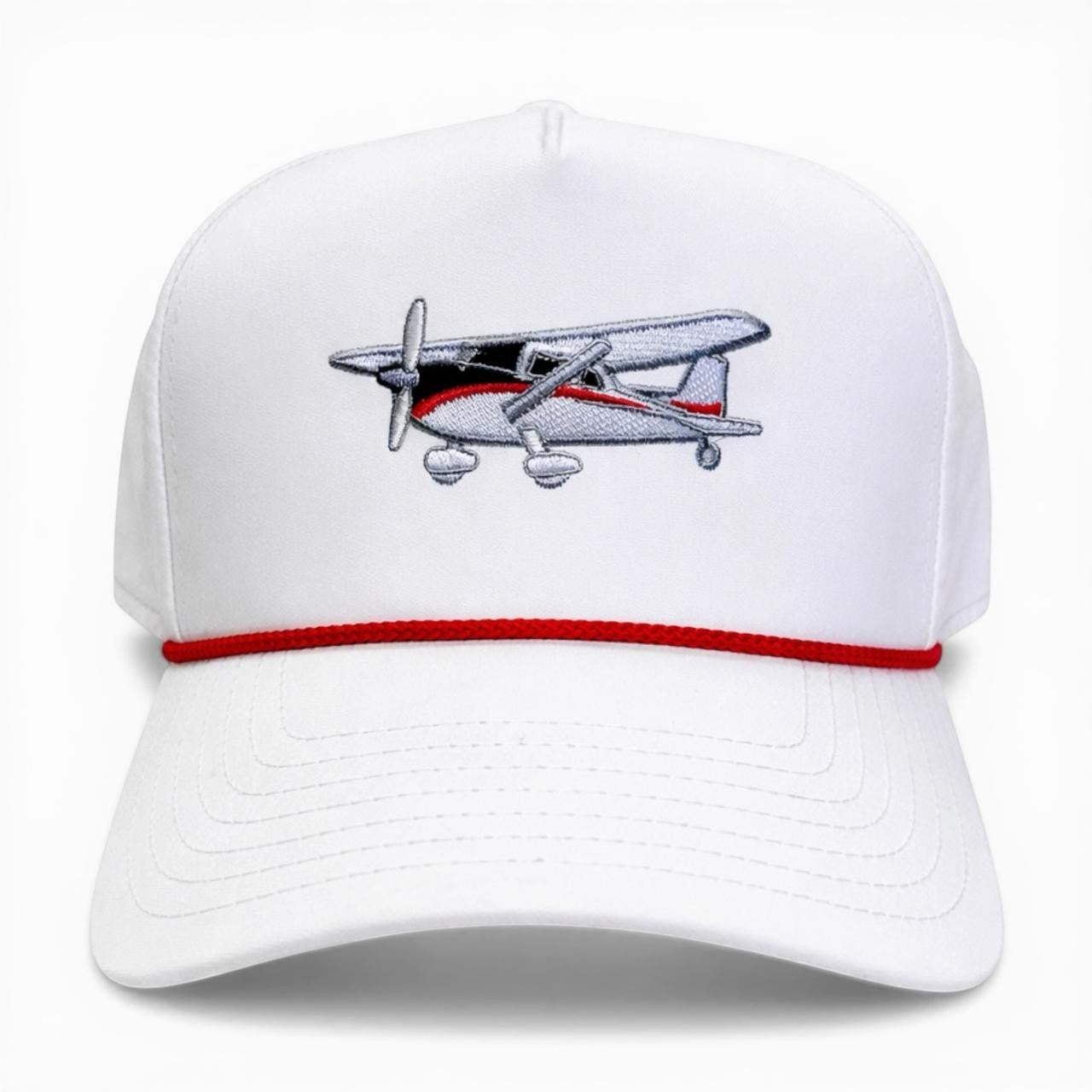Mad Capper white performance rope hat with embroidered airplane and red cord brim. Adjustable snapback.