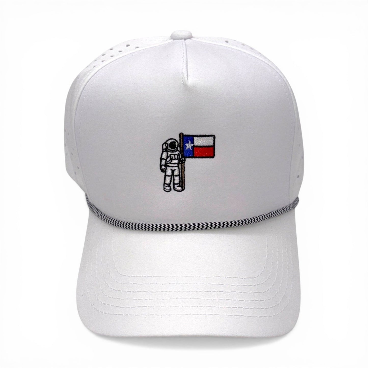 Mad Capper white rope cap with astronaut holding Texas flag embroidery and adjustable snapback.