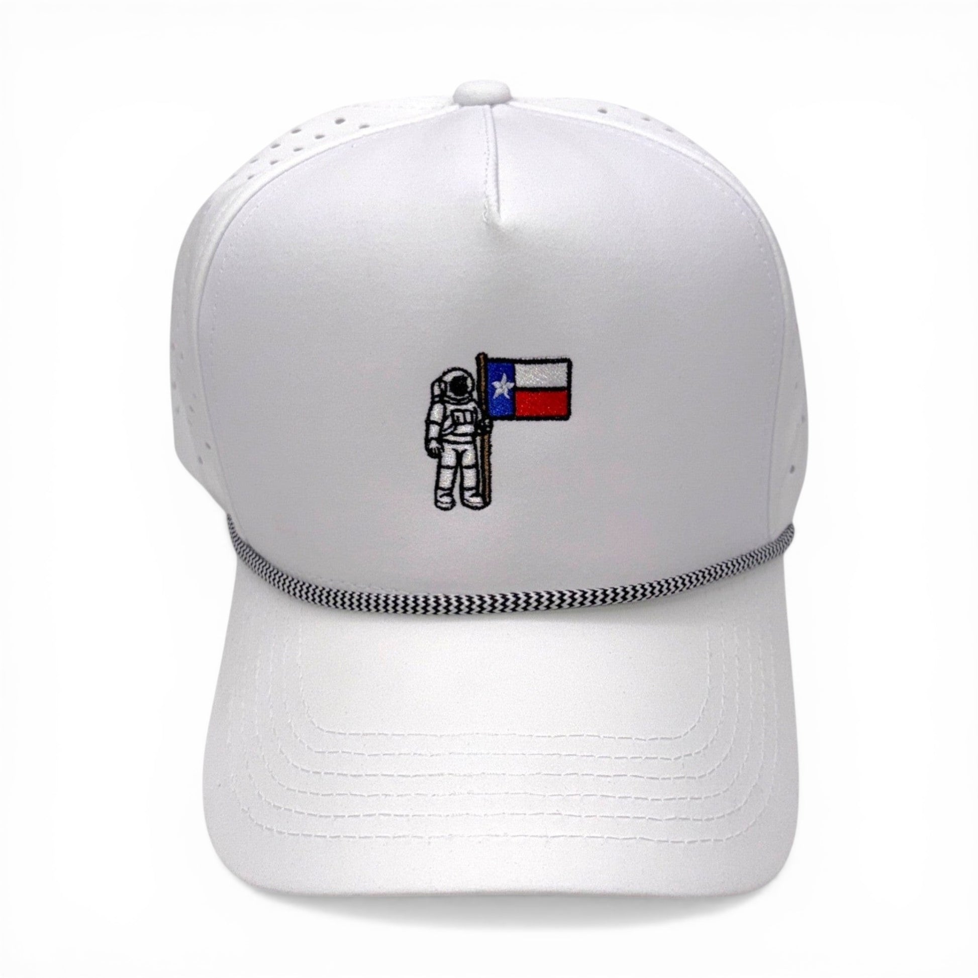Mad Capper white rope cap with astronaut holding Texas flag embroidery and adjustable snapback.