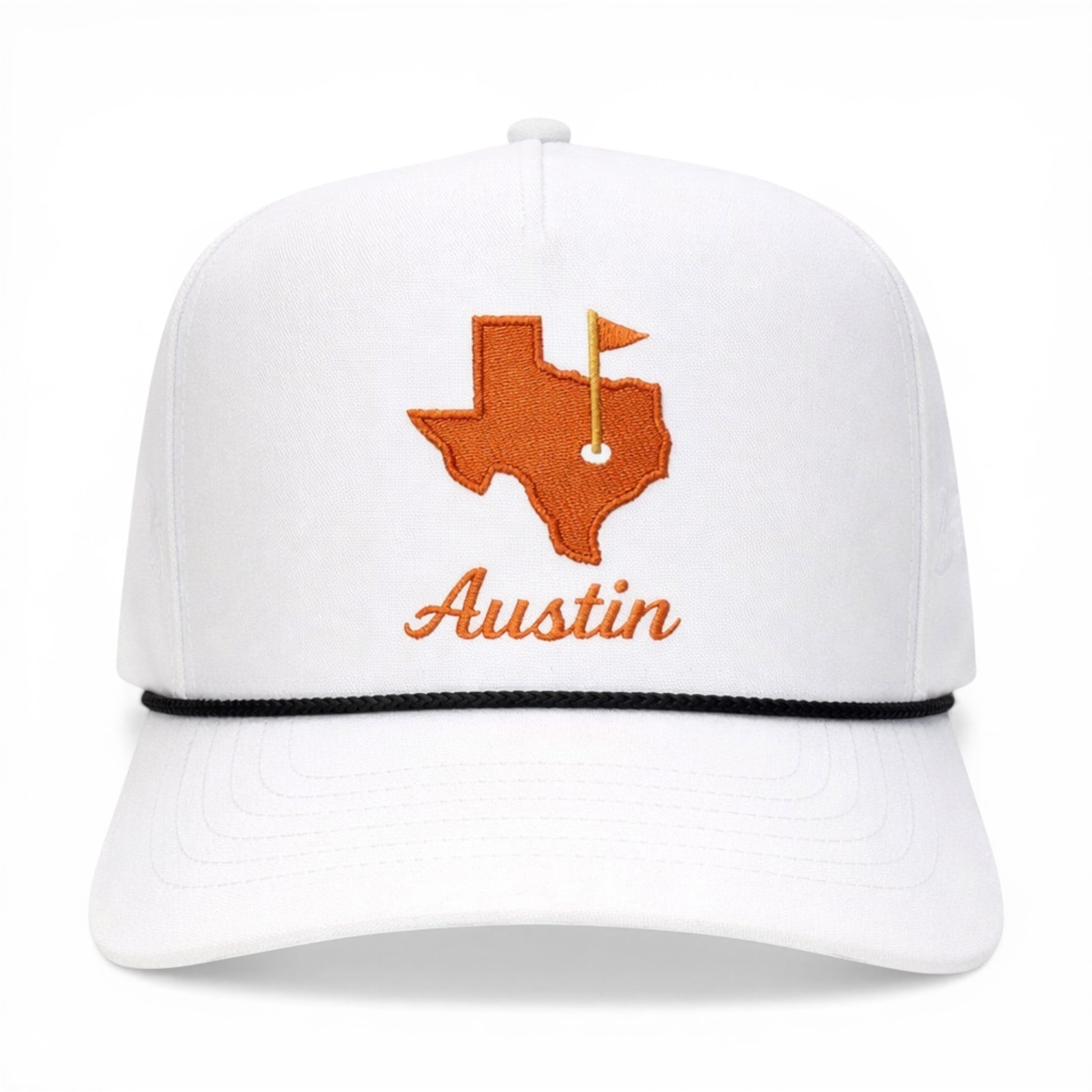 Mad Capper white trucker cap with embroidered orange Texas map logo and "Austin" text. Features a black rope detail.