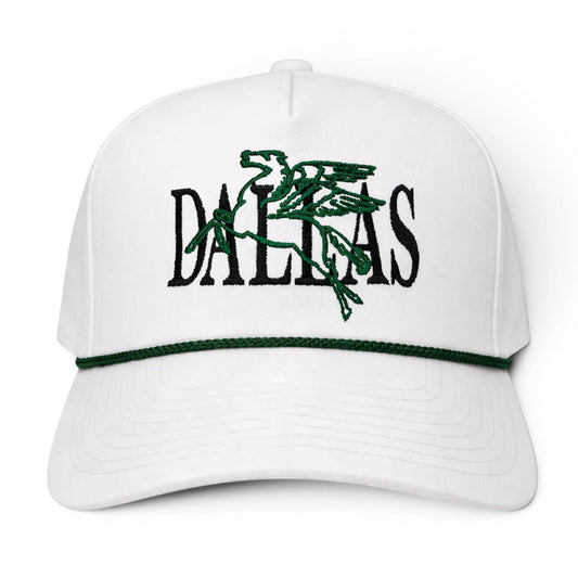 Mad Capper white trucker hat with green embroidered Dallas Pegasus logo and rope detail. Adjustable strap for a custom fit.