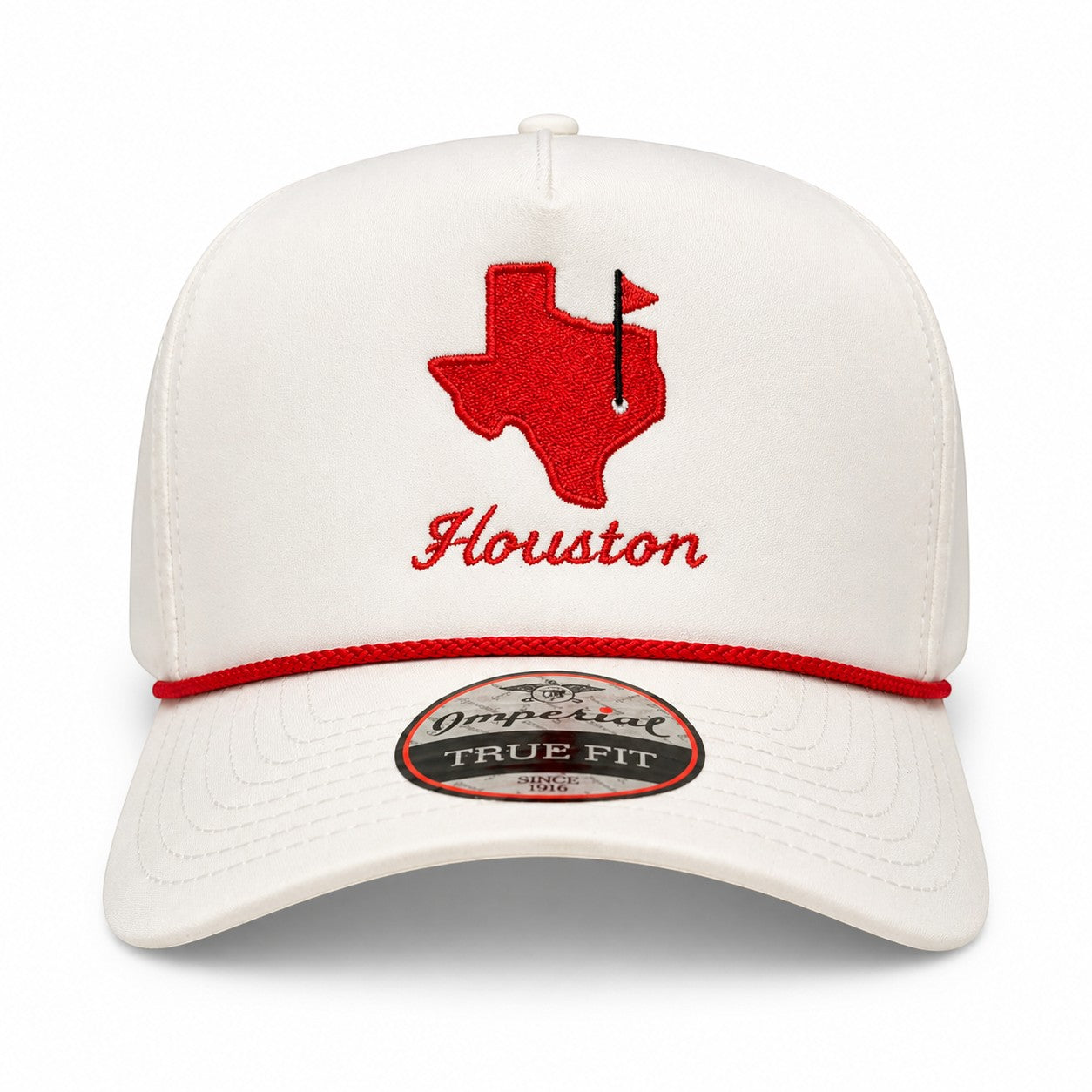 Mad Capper white structured trucker hat with red Texas outline embroidery and "Houston" script. Features a red rope detail and mesh back.