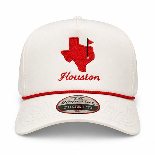 Mad Capper white structured trucker hat with red Texas outline embroidery and "Houston" script. Features a red rope detail and mesh back.