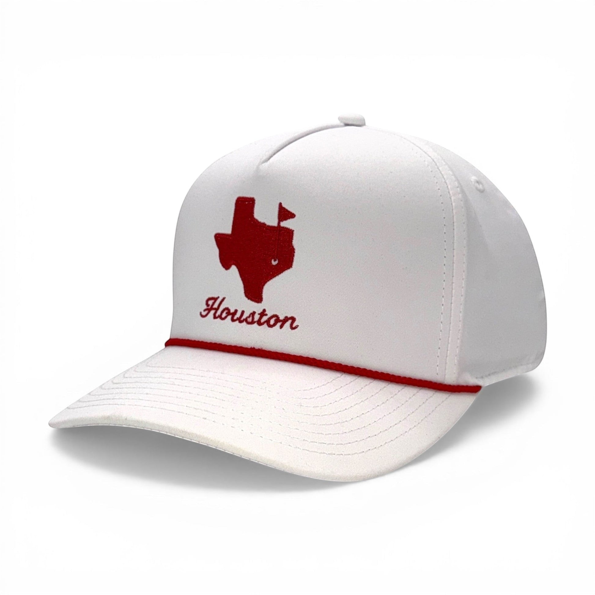 Mad Capper white trucker hat with red Texas outline embroidery and "Houston" text, featuring a red rope detail.