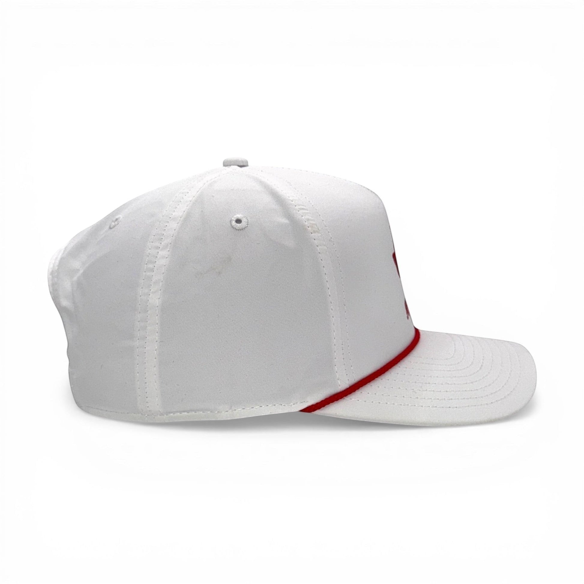 Mad Capper white structured rope trucker hat with red embroidery and adjustable snapback.