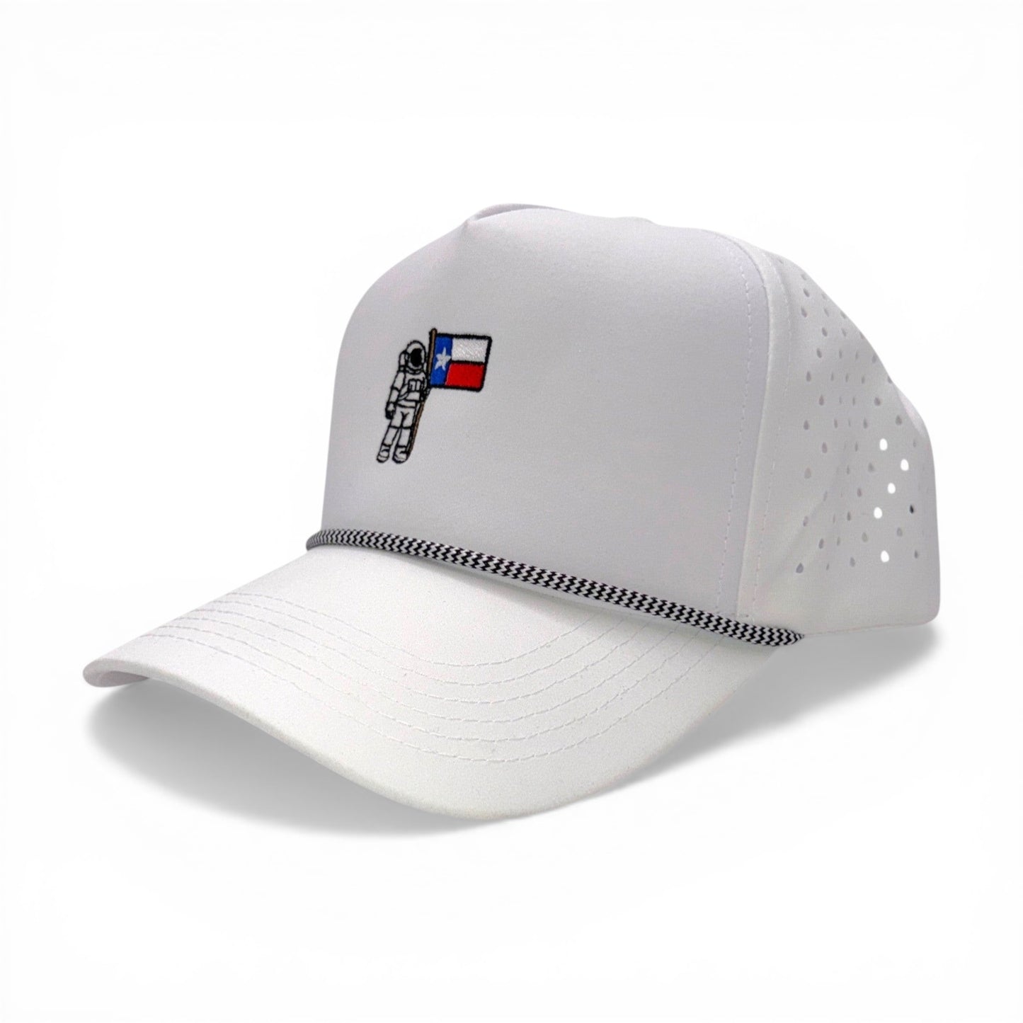 Mad Capper white rope cap with astronaut holding Texas flag embroidery and perforated sides. Adjustable snapback.