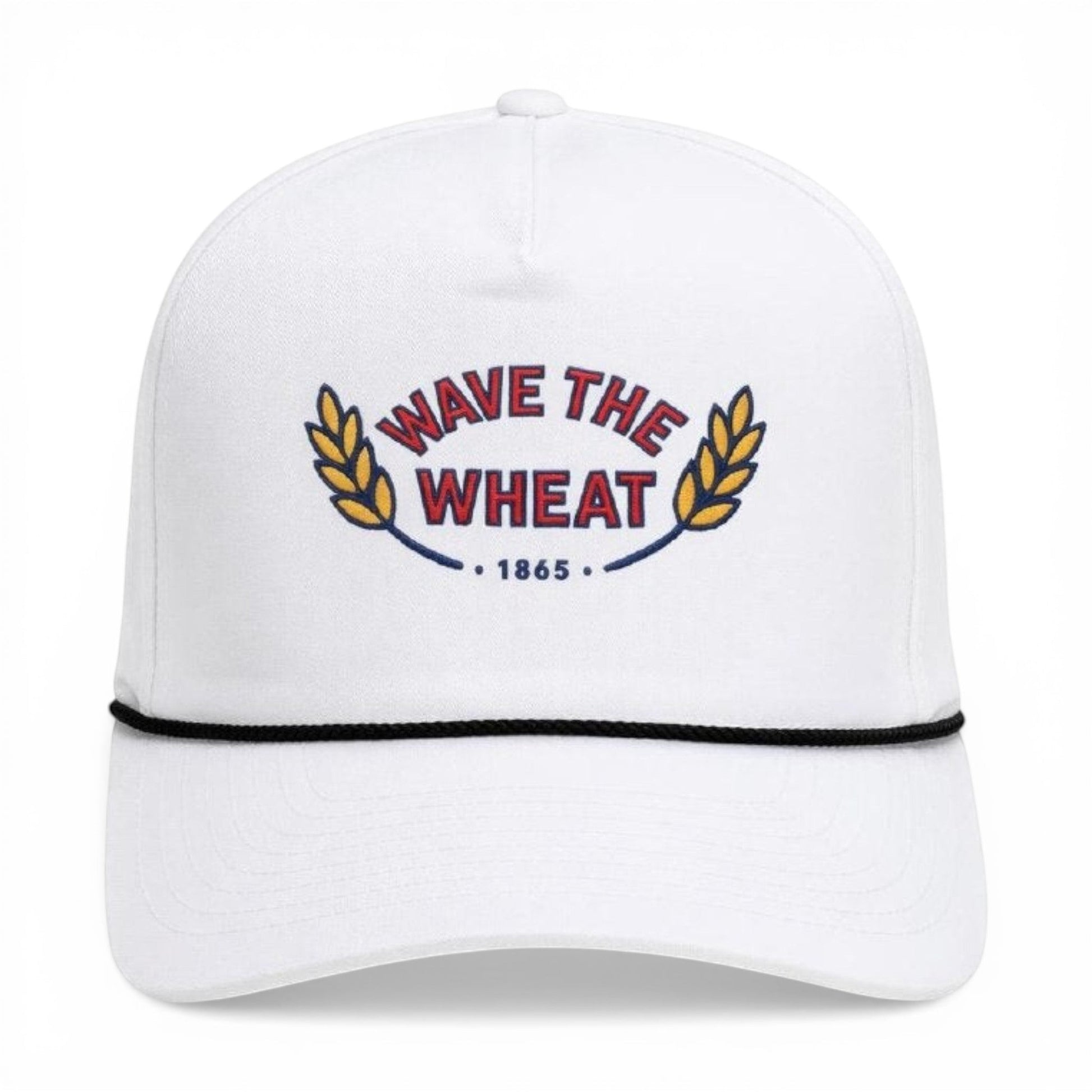 Mad Capper white trucker hat with embroidered "Wave the Wheat" logo and black rope detail.