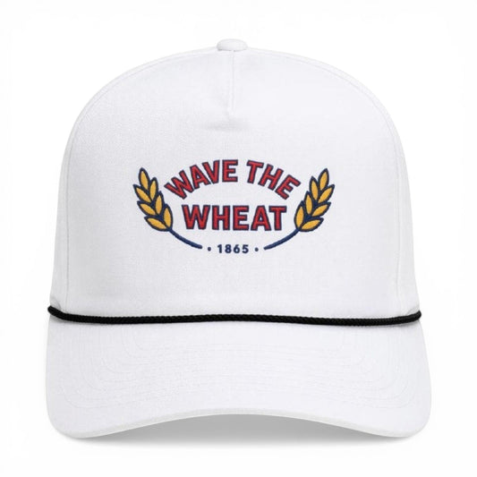 Mad Capper white trucker hat with embroidered "Wave the Wheat" logo and black rope detail.