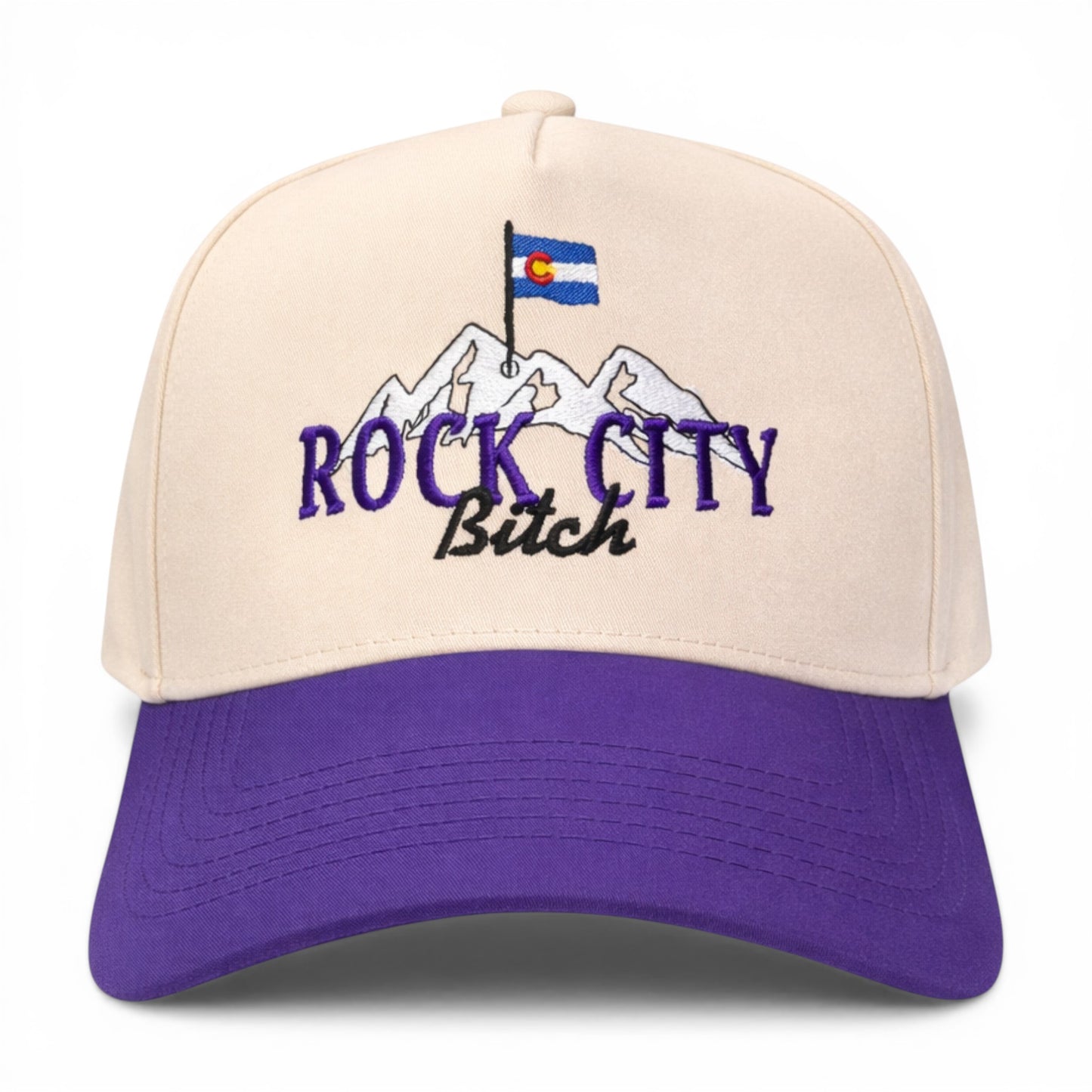 Rock City Bitch Hat – Tan / Purple Snapback, Front View
