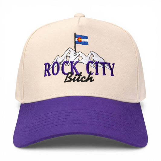 Rock City Bitch Hat – Tan / Purple Snapback, Front View