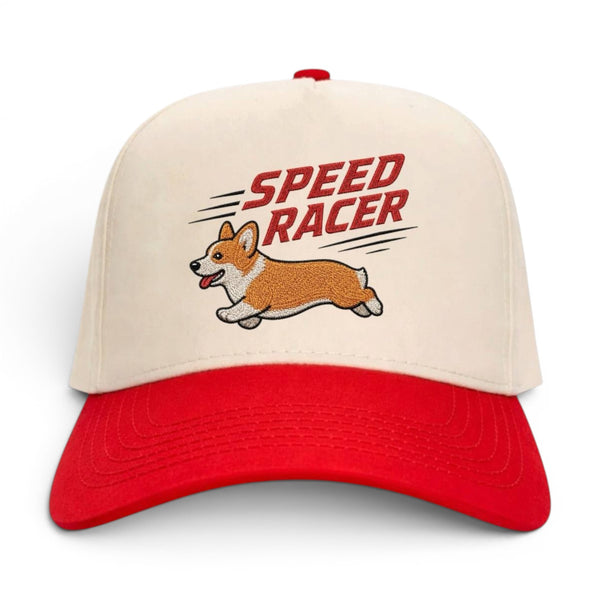 The Speed Racer Hat – Embroidered Corgi | Snapback Cap – Front view