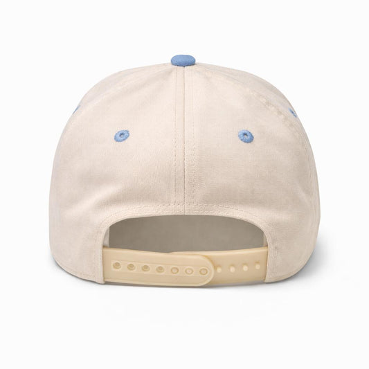 Texas Bluebonnet Embroidered Hat – Back View, Tan Crown with Baby Blue Brim and Snapback Closure | Mad Capper