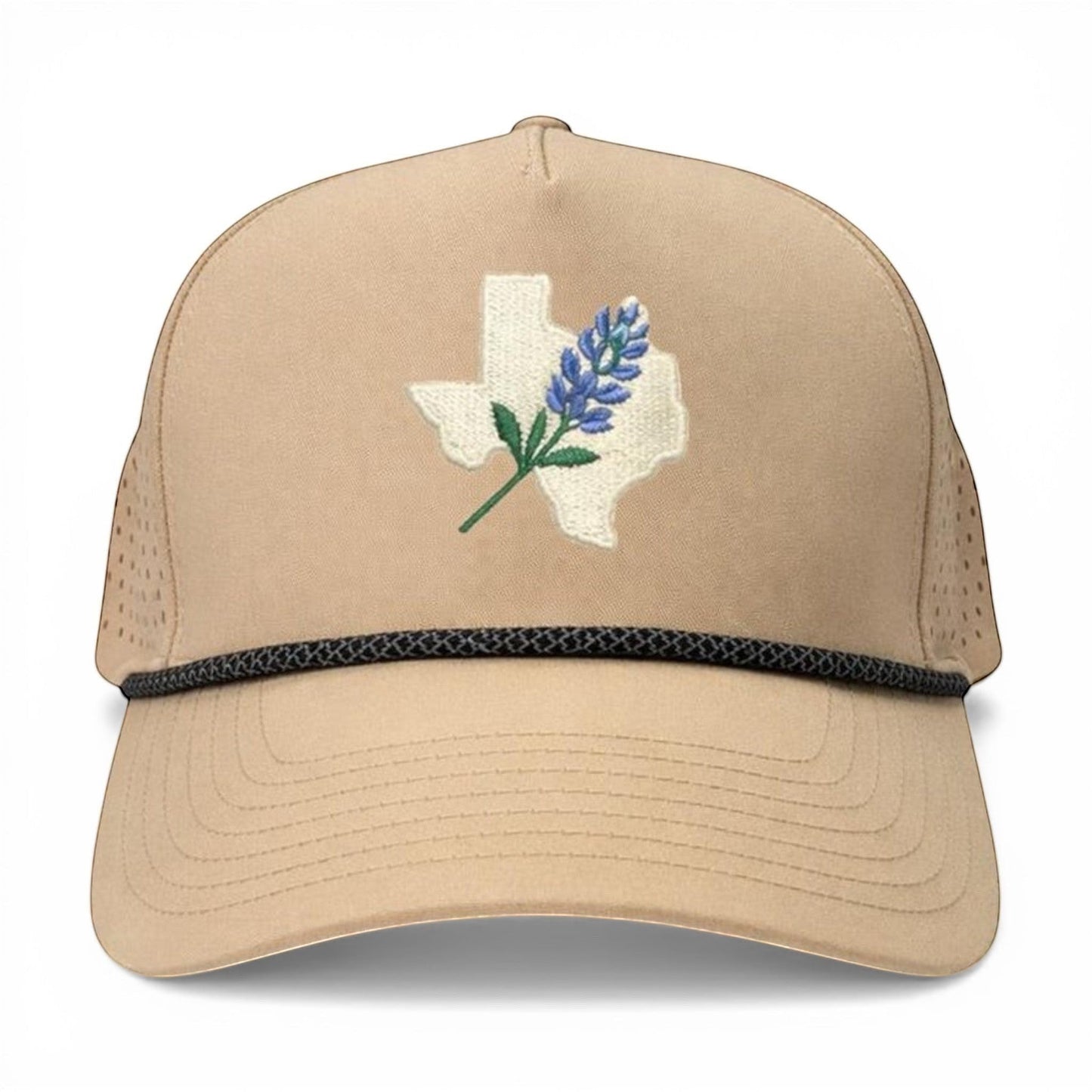 Texas Bluebonnet embroidered tan sport hat with perforated mesh back - Mad Capper