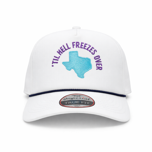 White cap with blue Texas outline and purple text on a white background